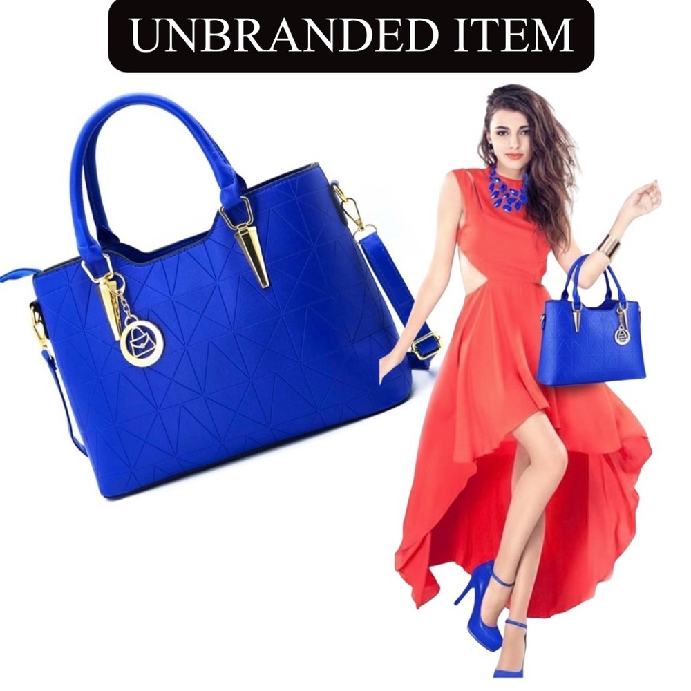 Electric Blue & Gold Tone Detailing Leather Satchel Tote Shoulder Bag, NWOT